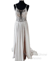 Vintage Boho V Neck Split Wedding Dress Lace Embroidery
